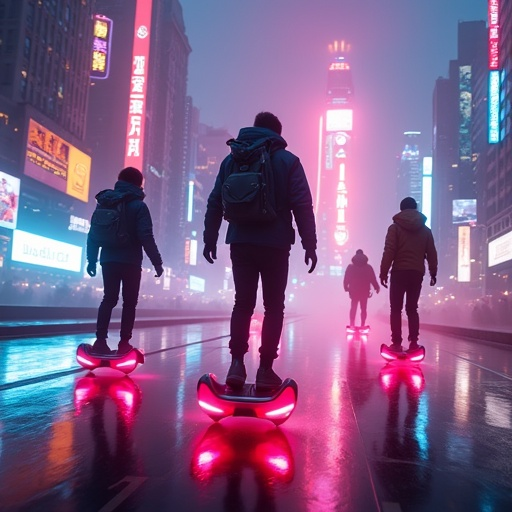 Neon Dreams: Hoverboards Glide Through a Cyberpunk City