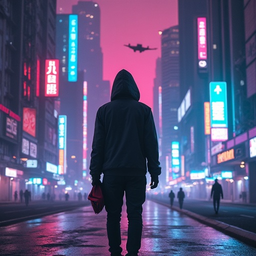 Lost in the Neon Glow: A Solitary Figure Walks the City’s Edge