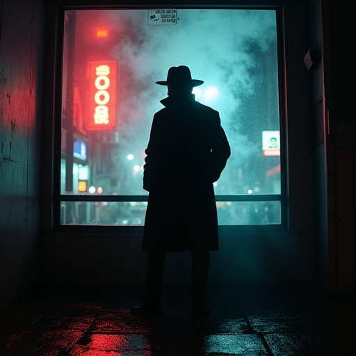 Shadowed Figure, Neon City: A Moment of Mystery