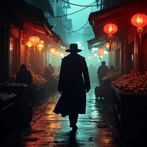 Mystery in the Shadows: A Lone Figure Walks a Dimly Lit Street