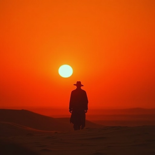 Silhouette of Solitude: A Lone Figure Walks into the Setting Sun