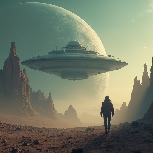 A Lone Figure Gazes Up at a Hovering UFO in a Desolate Alien Landscape