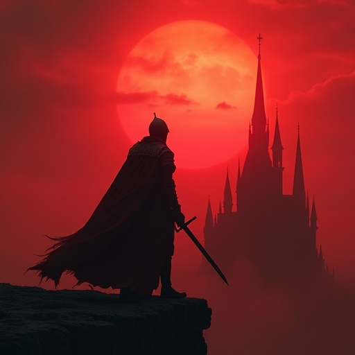 Silhouetted Knight Against a Blood Red Sky