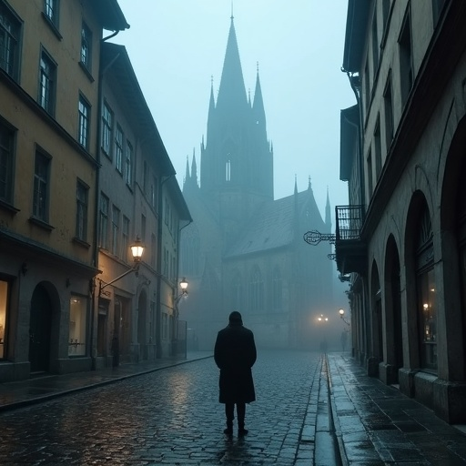 Lost in the Fog: A Solitary Figure Walks Through a Mysterious City