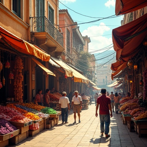 A Bustling Marketplace Bathed in Light and Shadow