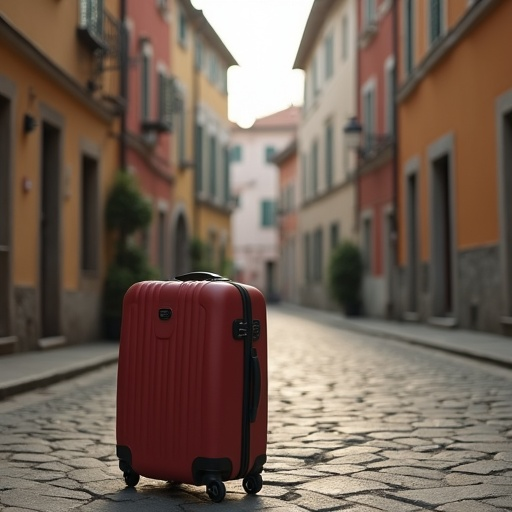 A Red Suitcase Awaits on a Tranquil Cobblestone Street