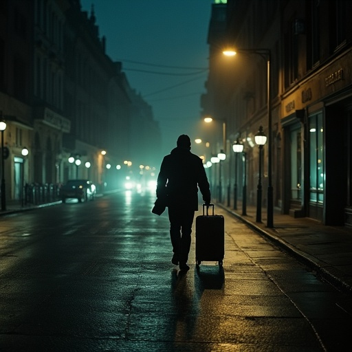 Lost in the Shadows: A Lonely Figure Walks the Deserted Street