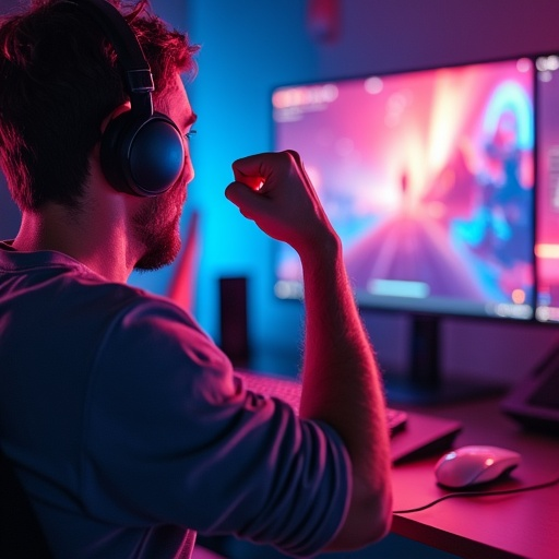 The Thrill of Victory: Gamer’s Focused Intensity Captured in Dimly Lit Room