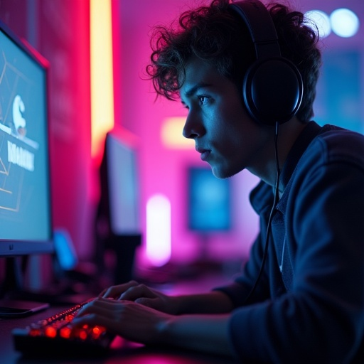 Neon Focus: A Young Man’s Intense Concentration