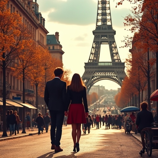 Parisian Romance: A Couple’s Stroll Towards the Eiffel Tower