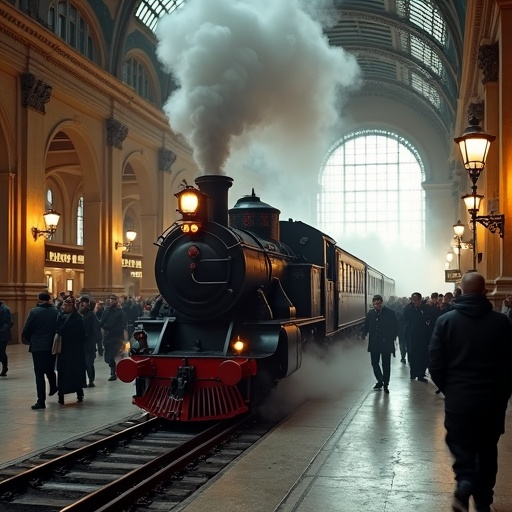 Nostalgia on Rails: A Steam Locomotive Arrives at a Grand Station