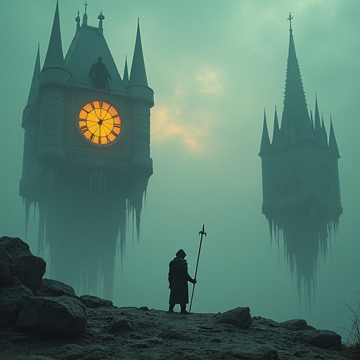 Lost in the Mist: A Solitary Figure Faces Ominous Towers