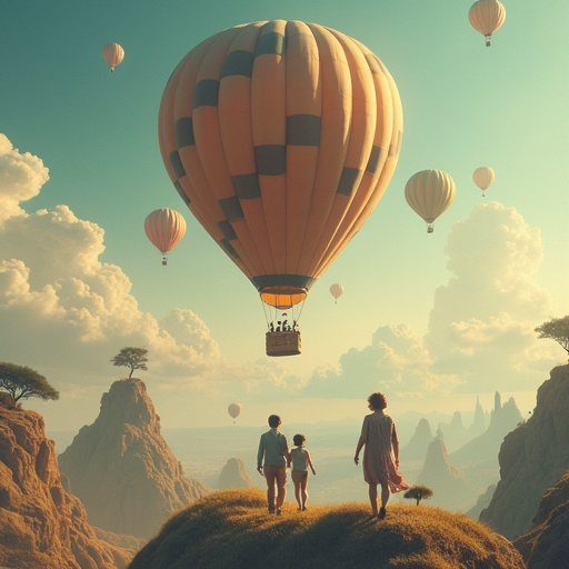 Serene Majesty: Hot Air Balloons Soar Over Majestic Mountains