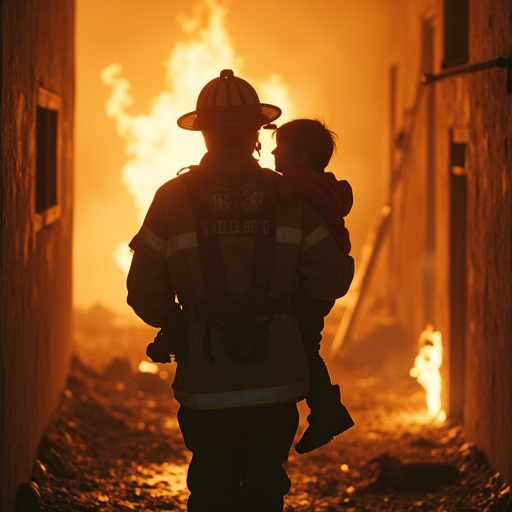 Heroic Silhouette: Firefighter Rescues Child from Burning Building