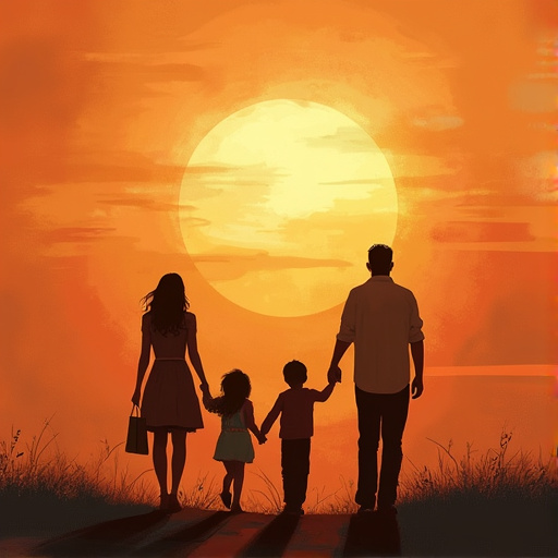 Silhouettes of Hope: A Family Walks Towards the Sunset