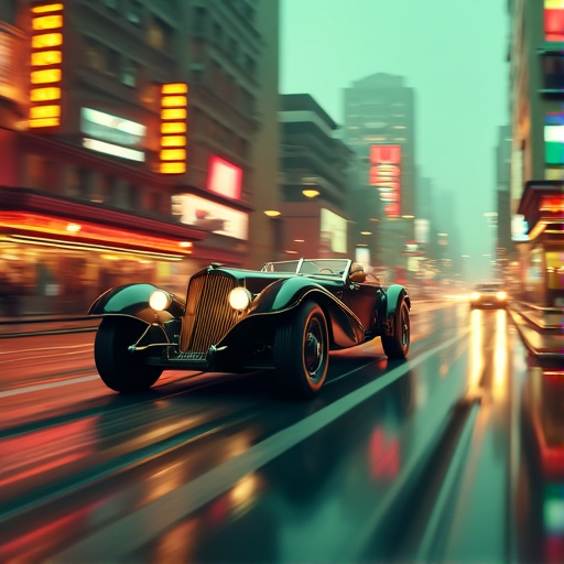 Nostalgic Night Ride: A Vintage Car Races Through the City Lights