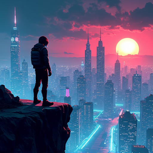 Silhouetted in Neon: A Moment of Contemplation in a Futuristic City