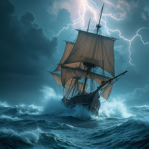 Ship Battling Fury: A Stormy Sea and a Dramatic Showdown