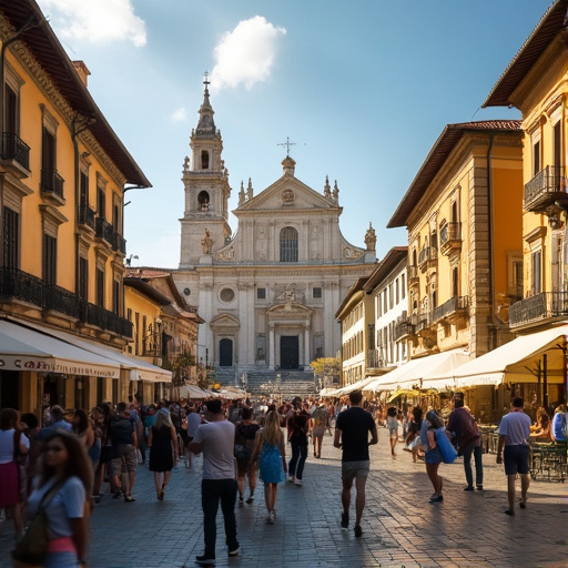 City Life Meets Sacred Space: A Vibrant Street Scene Before a Majestic Church