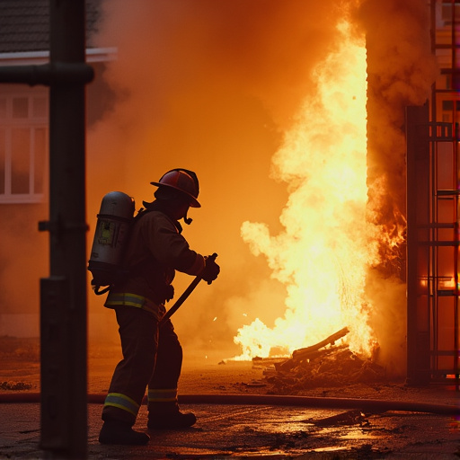 Heroic Silhouette: Firefighter Battles Blazing Inferno