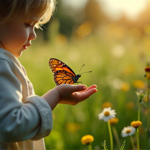 A Moment of Wonder: Child Reaches for Butterfly in Sun-Drenched Field