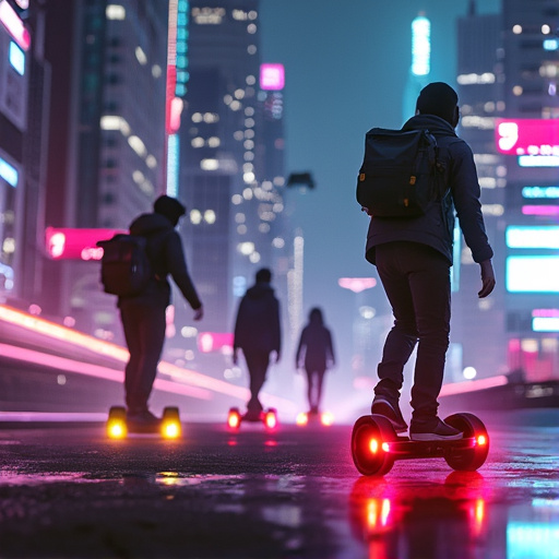 Neon Nights: Hoverboard Riders Glide Through a Futuristic Cityscape