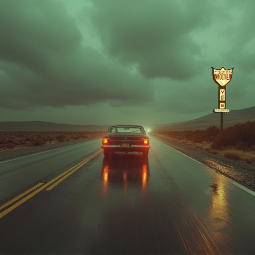 Nostalgia on the Open Road: A Vintage Car Disappears into the Storm