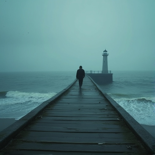 Lost in the Mist: A Solitary Figure Seeks the Lighthouse