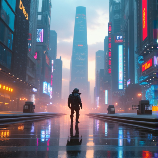 Lost in the Neon Labyrinth: A Solitary Figure in a Futuristic Cityscape