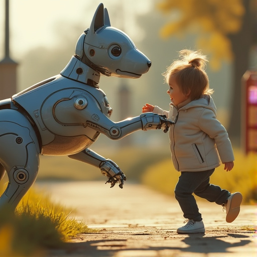 A Playful Encounter: Robot Dog and Little Girl