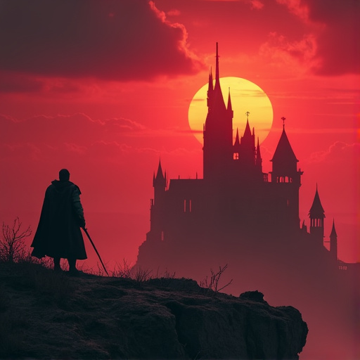 A Solitary Figure Faces the Shadow of a Fiery Castle