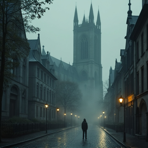 Lost in the Mist: A Solitary Figure Walks Through a Gothic City