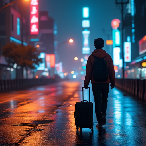 Lost in the City Lights: A Figure Walks Alone in the Night