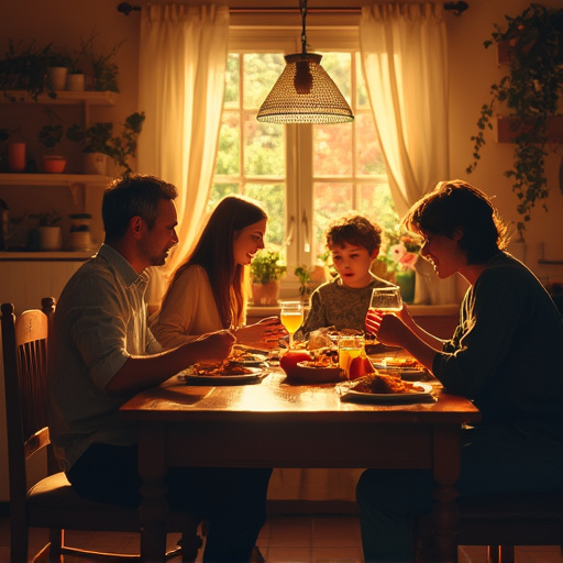 Warmth and Togetherness: A Family Meal Under Golden Light