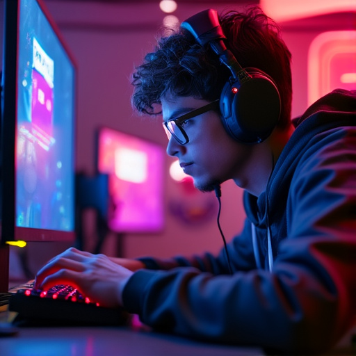 Lost in the Code: A Young Man’s Intense Focus Under Neon Lights