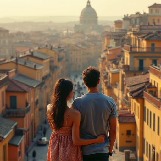 Timeless Love: A Romantic Embrace Overlooking the Historic City Skyline