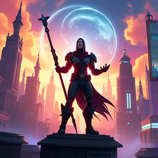 A Fantasy Hero Stands Guard, City Below, Orb Above