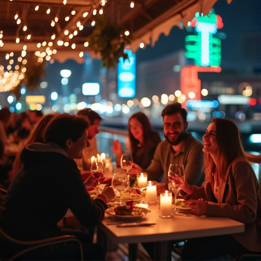 Cozy Dinner with Friends Under City Lights