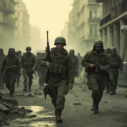 Fog of War: Soldiers March Through a Grim Cityscape