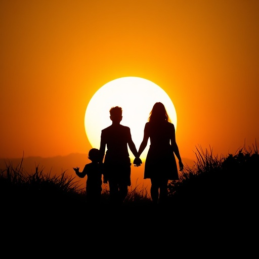 Silhouettes of Hope: A Family Walks Towards the Setting Sun