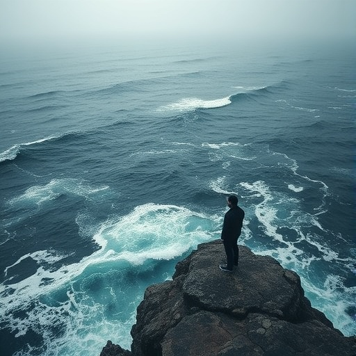 Lost in the Vastness: A Solitary Figure Contemplates the Turbulent Sea