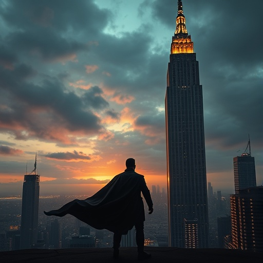 Silhouette of Power: A Man in a Cape Against the Cityscape