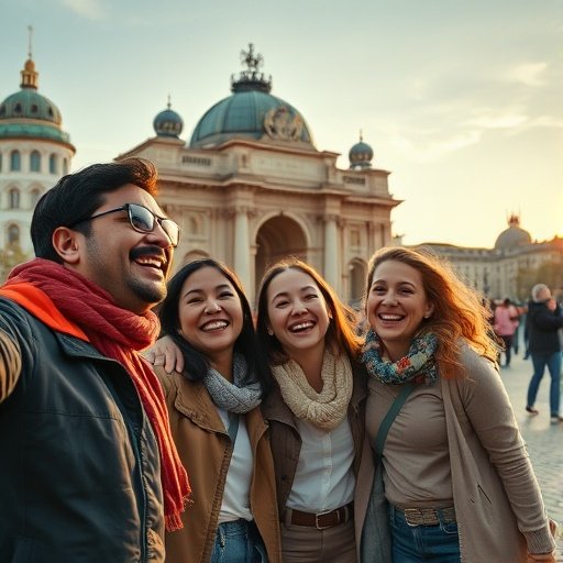 Joyful Friends Capture a Moment of Camaraderie in Front of Historic European Building