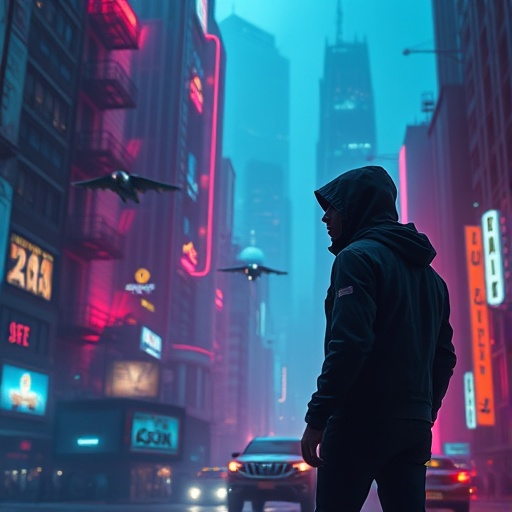 Lost in the Neon Labyrinth: A Mysterious Figure Walks the Futuristic City