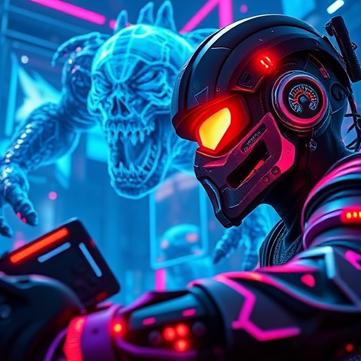 Cyberpunk Nightmare: Robot Meets Glowing Terror