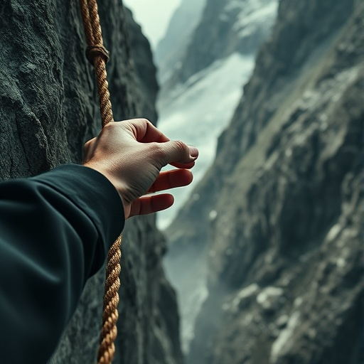 Precarious Grip: A Hand Reaches for Hope on a Cliffside