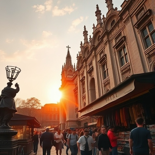 A Bustling Street Scene Bathed in Golden Sunlight