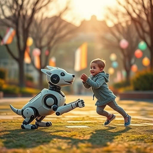 Sunset Playtime: A Girl and Her Robot Dog Share a Moment of Joy