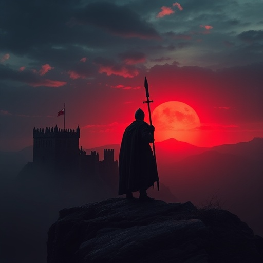 Silhouetted Knight Under a Blood Red Moon