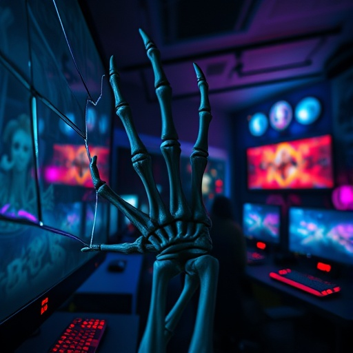 Cyberpunk Nightmare: A Skeletal Hand Reaches From the Screen